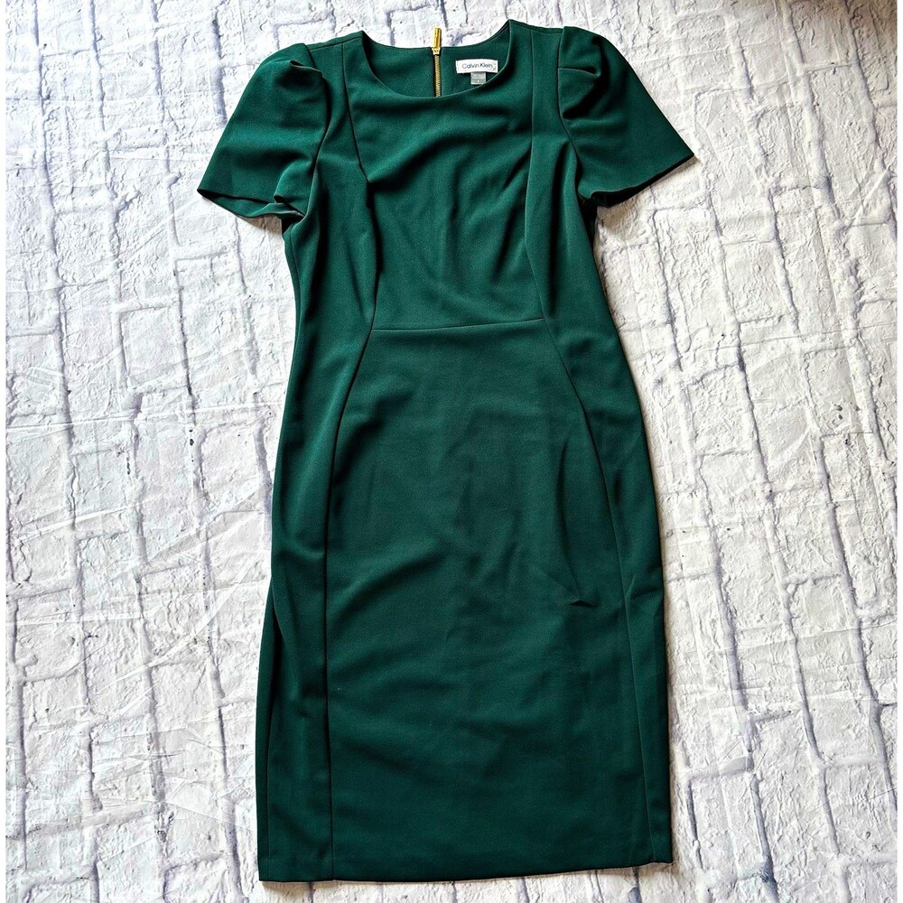Calvin Klein Emerald Green Puff Sleeve Sheath Dress | Size 8